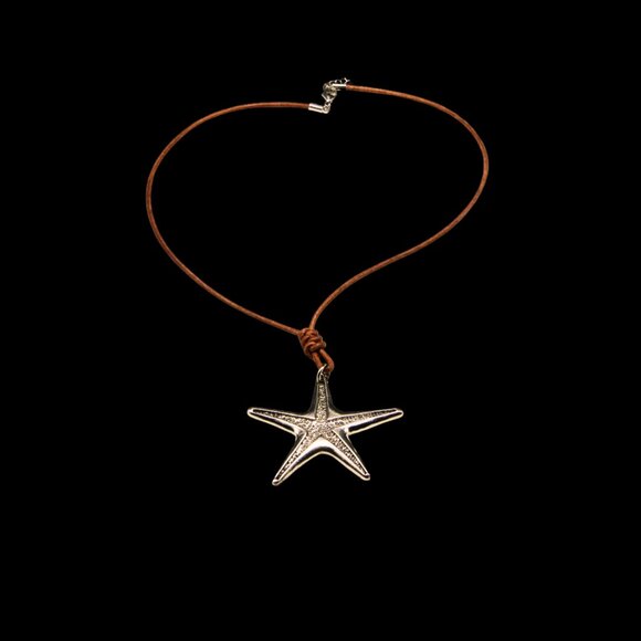Large Starfish Pendant on Hand Knotted Soft Brown Leather Cord Necklace - Picture 2 of 7
